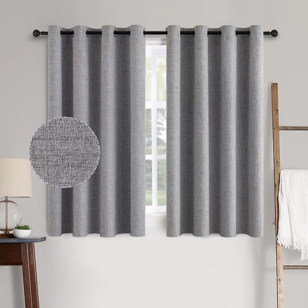 MIULEE Linen Texture Curtains for Bedroom Solid 100% Blackout Thermal Insulated Grey Curtains Grommet Room Darkening Drapes Luxury Decor for Living Room 52x63 Inch (2 Panels)